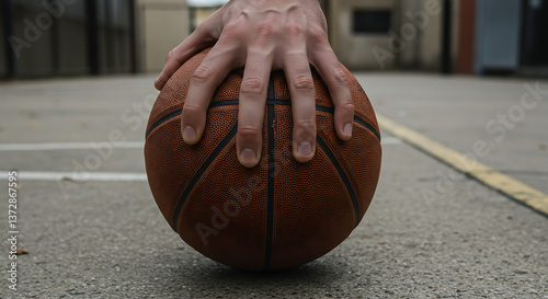 Hand gripping basketball on outdoor court  