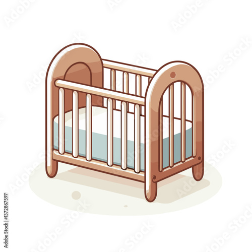 Vector illustration of wooden baby crib with arched design. Ideal for nursery furniture stores, baby product websites, and parenting blogs.