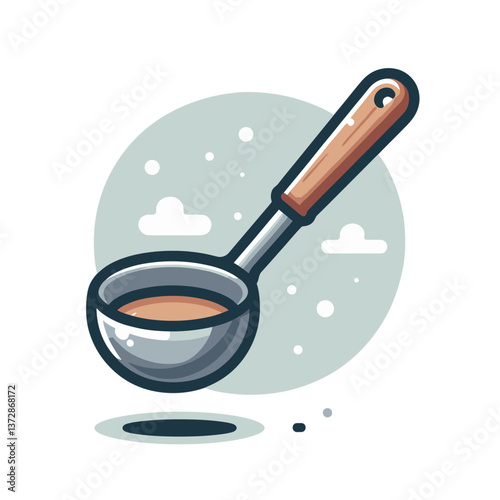 Vector illustration of cooking pan with wooden handle in gray circle background. Ideal for kitchen equipment stores, cooking blogs, or culinary tutorial websites.