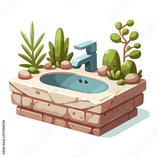 Vector illustration of stone sink with plants and modern faucet in natural earthy tones. Perfect for bathroom design websites, home renovation blogs, or interior decorating.