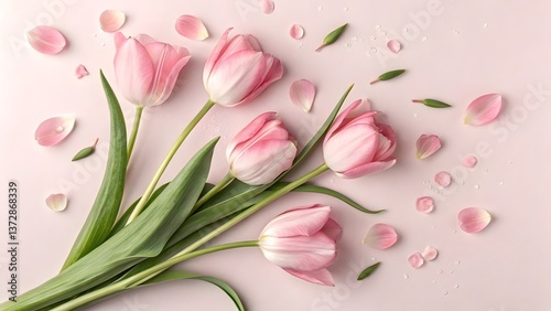 Pink Tulips Arranged on a Soft Pastel Background With Petals Scattered Around