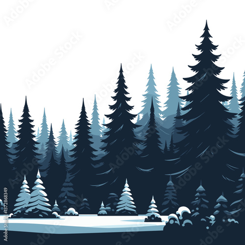 Vector illustration of winter pine forest with snow in deep blue gradient tones. Perfect for holiday greeting cards, winter travel websites, or seasonal landscape photography.