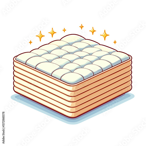 Vector illustration of orthopedic mattress layers with quilted top in cream and beige tones. Perfect for bedding stores, sleep quality blogs, or mattress comparison websites.