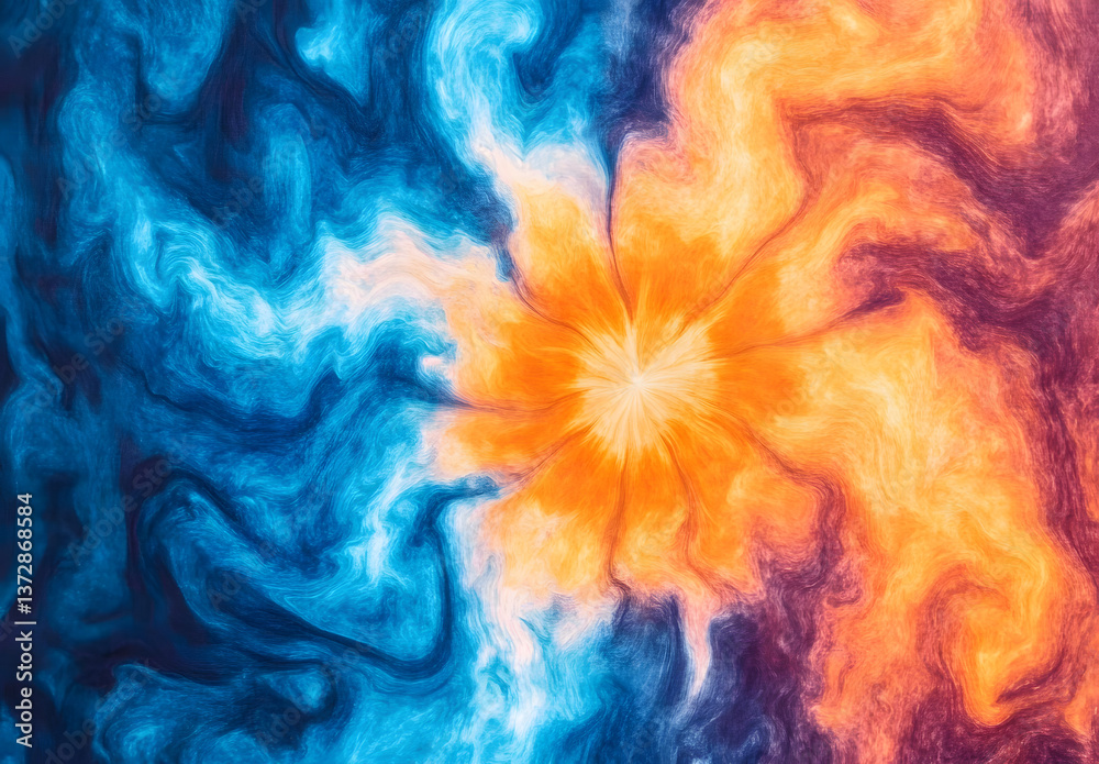 Fototapeta premium Bright and colorful tiedye pattern with swirls of orange and blue creating an artistic visual effect&nbsp;