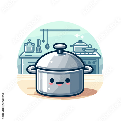 Vector illustration of cute cooking pot with kawaii face in kitchen background. Perfect for culinary blog, cooking app icon, or kitchen equipment store promotional material.