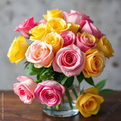 A vibrant mix of pink and yellow roses arranged in a clear glass vase, image, bouquet, flora