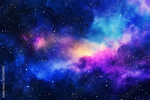 Beautiful fantasy starry night sky, blue and purple colorful, galaxy and aurora 4k wallpaper. cosmic watercolor illustration. Colorful space background with stars