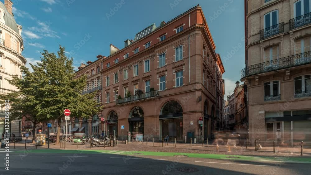 Panorama showing Rue de Metz timelapse in Toulouse, Occitanie, France, with historic facades, shops, cafes, traffic and a blue cloudy sky. Vibrant urban scene in the heart of the city Panorama showing Rue de Metz timelapse in Toulouse, Occitanie, France, with historic facades, shops, cafes, traffic and a blue cloudy sky. Vibrant urban scene in the heart of the city