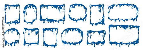 Liquid flow frames set. Rectangular and round square shape with bubbles. Cartoon smoothly flowing dripping paint clipart