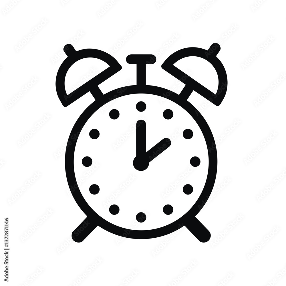 Minimalist alarm clock icon in black line art, time management concept Minimalist alarm clock icon in black line art, time management concept