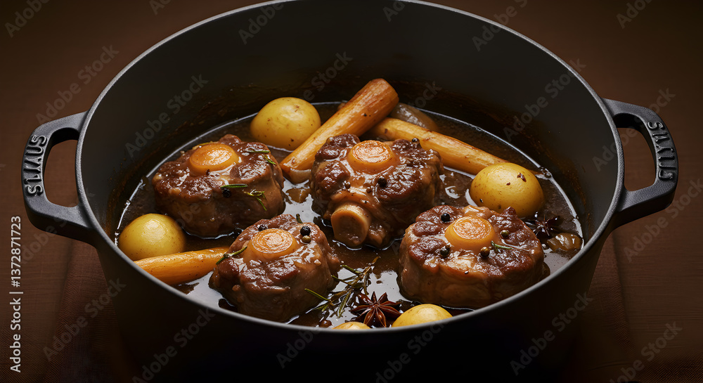 Slow-Cooked Oxtail Stew in a Staub Dutch Oven with Root Vegetables and Star Anise Slow-Cooked Oxtail Stew in a Staub Dutch Oven with Root Vegetables and Star Anise