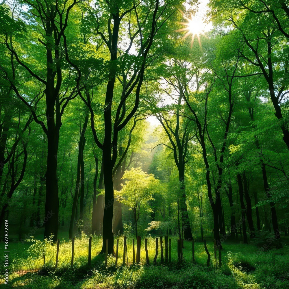 Obraz premium Misty green forest, sunlight filtering through dense canopy, woodland, morning mist, vibrant