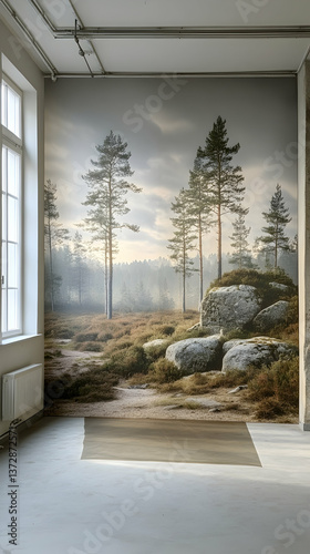 An indoor space displays a wall mural showing a forest scene with tall trees rocks and soft light filtering through photo