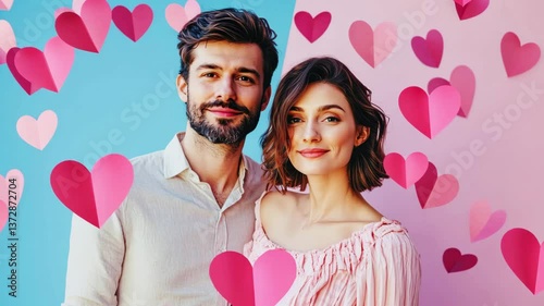 Beautiful young couple on pink blue background with pink hearts