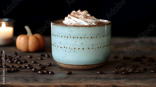Wallpaper Mural Hot Chocolate with Whipped Cream and Coffee Beans on a Wooden Table with Pumpkin Candle and Black Background Torontodigital.ca