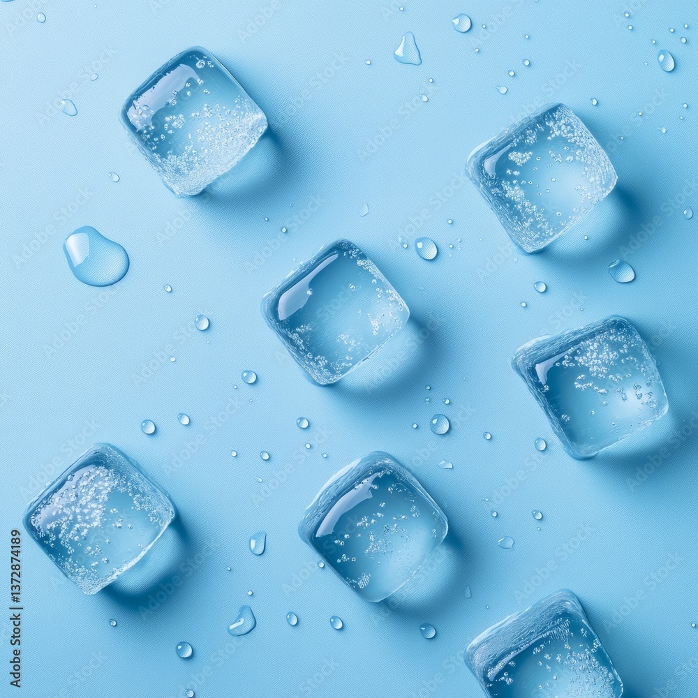 Cool Refreshment: A close-up shot of transparent ice cubes and water droplets on a cool-toned surface, symbolizing refreshment and chilling concepts. Cool Refreshment: A close-up shot of transparent ice cubes and water droplets on a cool-toned surface, symbolizing refreshment and chilling concepts.
