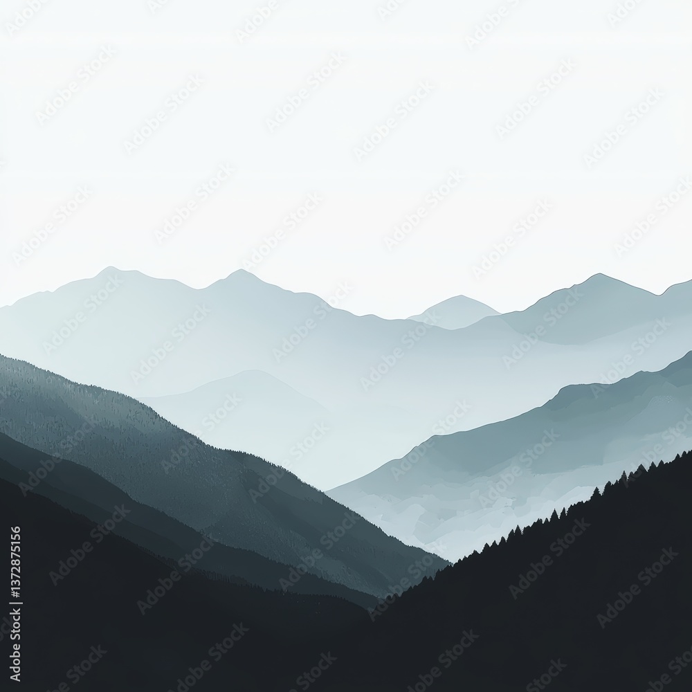 Serene Misty Mountain Landscape Layers of Blue Mountains under a White Sky Peaceful Nature Scene Serene Misty Mountain Landscape Layers of Blue Mountains under a White Sky Peaceful Nature Scene