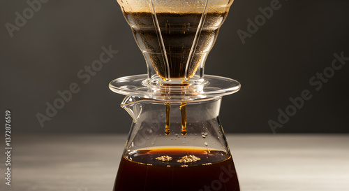 Close-up of cold drip coffee brewing in a glass tower brewer for rich flavor
