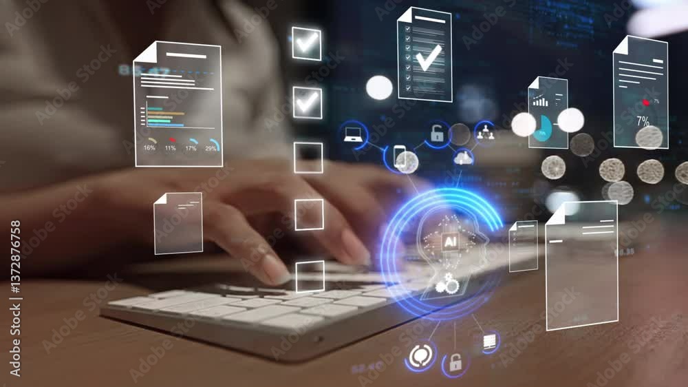 Ai Futuristic Document management concept, check electronic documents on digital documents on virtual screen Document Management System and process automation to efficiently document paperless operate