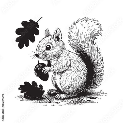 baby squirrel holding an acorn engraving vector illustration