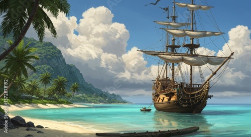 Tropical Island Escape: A Pirate Ship at Anchor - A majestic galleon rests peacefully in a turquoise bay, surrounded by lush tropical foliage and a pristine beach. It symbolizes adventure