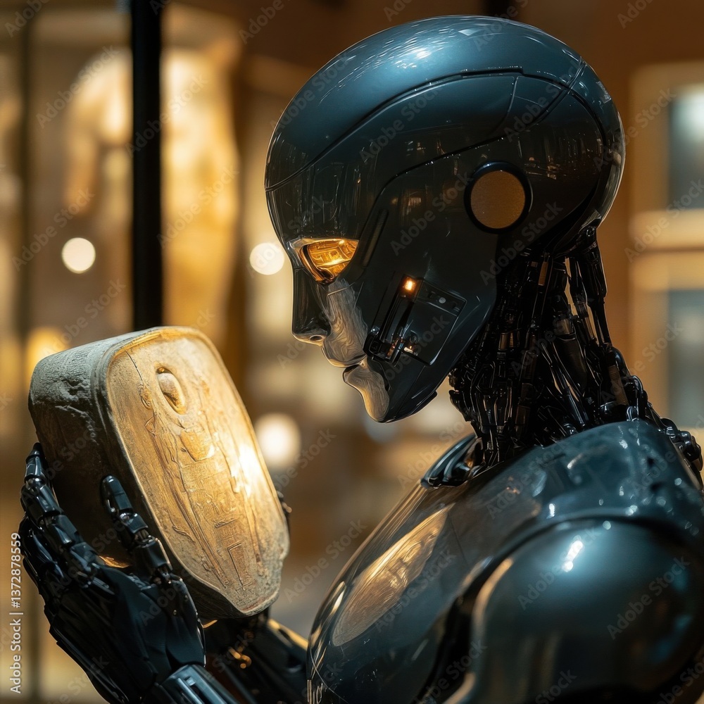 Fototapeta premium Robot Holding Ancient Artifact in Modern Museum Setting