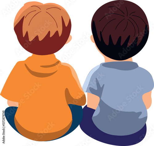 Two boys sitting with their backs to each other, one in a blue t-shirt, the other in an orange one with a cap, done in a minimalist flat style.