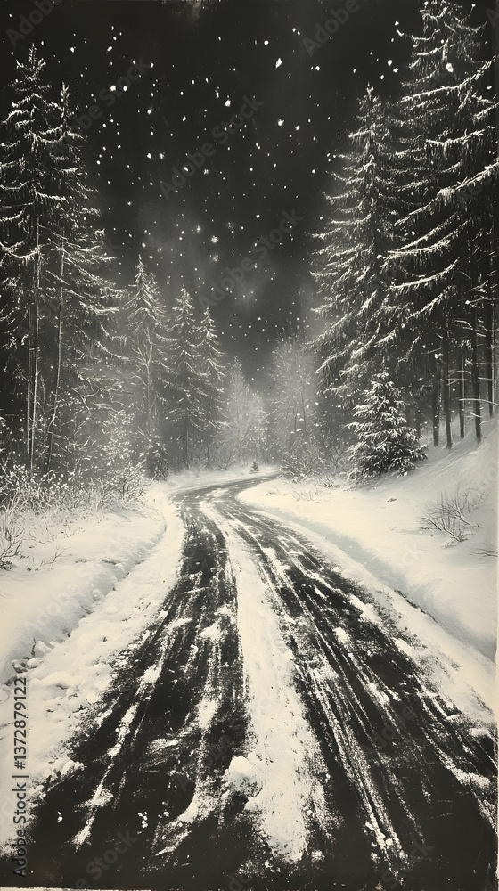 Fototapeta premium Snow-covered road winding through a forest of evergreen trees under a sky with falling snow creates a serene winter scen