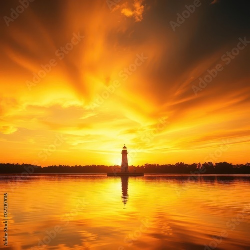Golden sunset hues paint the sky, reflecting on calm lake water beside a solitary lighthouse, water, evening, calm