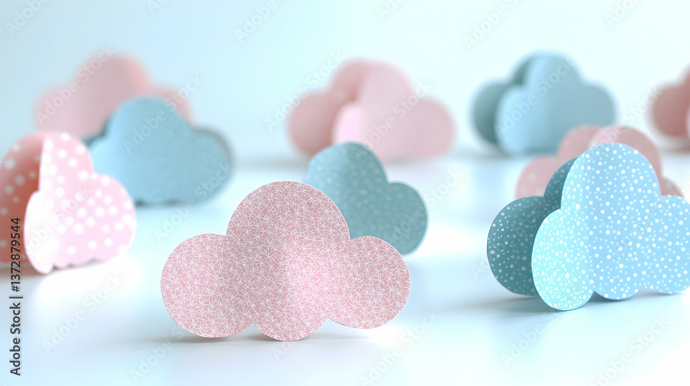 Fototapeta premium Pastel-colored clouds in pink and blue some patterned scattered on a clean bright white surface with a soft dreamy f