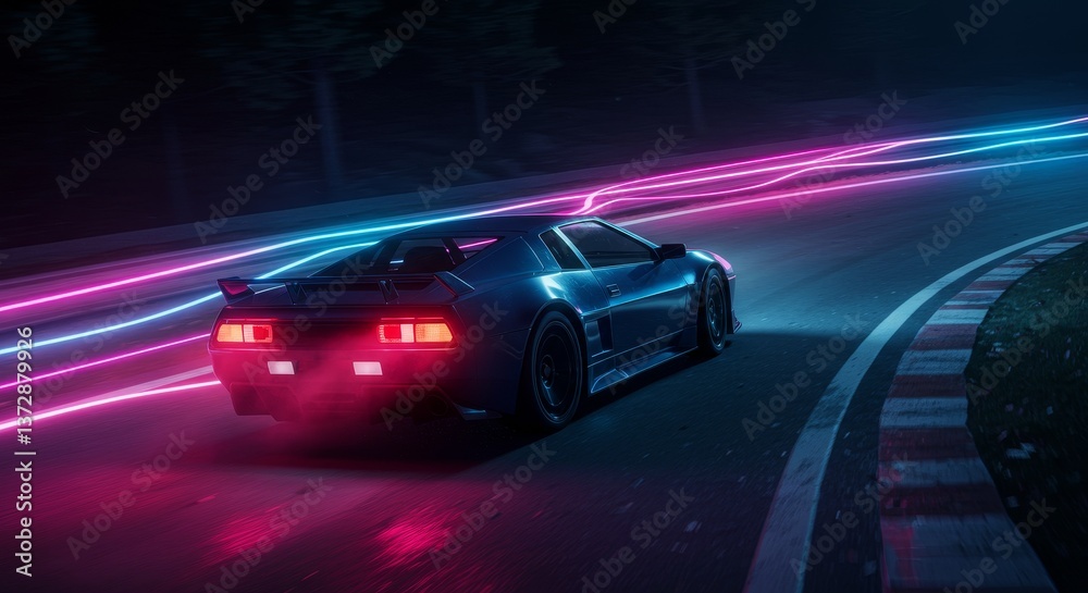 Naklejka premium Night Drive Retro Sports Car - Sleek retro sports car speeding along a neon-lit race track at night. Vibrant pink and blue lights streak behind