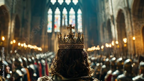 Majestic crown glimmers in light as regal figure stands in grand cathedral surrounded by armored knights, embodying medieval royalty and grandeur.