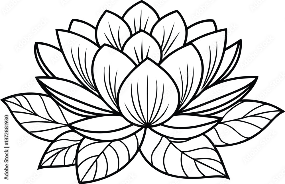 Fototapeta premium Lotus Flower Outline with Leaves, Floral Line Art, Black and White, Transparent