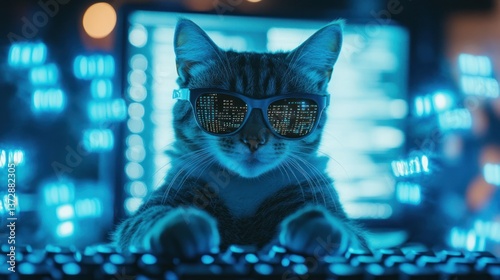 Cool cat coding at a computer desk wearing hacker sunglasses and neon lights