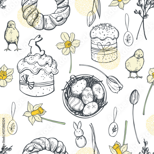 Hand-drawn Happy Easter set. Easter cake.  Vector seamless pattern.  Sketch  illustration.  

