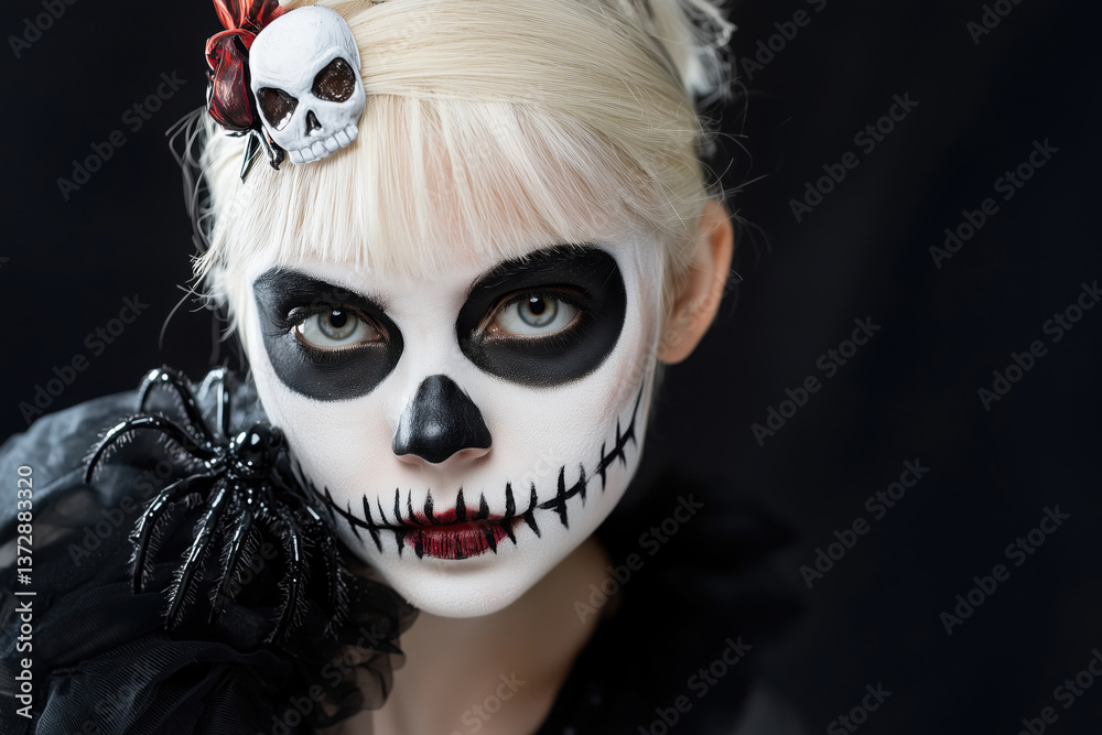 Close-up portrait of a girl with skull makeup isolated on a black background  perfect for Halloween, horror, gothic, and fantasy themed visual projects.