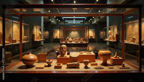 Ancient Egyptian artifacts displayed in museum exhibit, cultural heritage