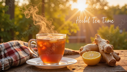 Steaming cup of herbal tea with ginger and lemon, cozy evening warmth