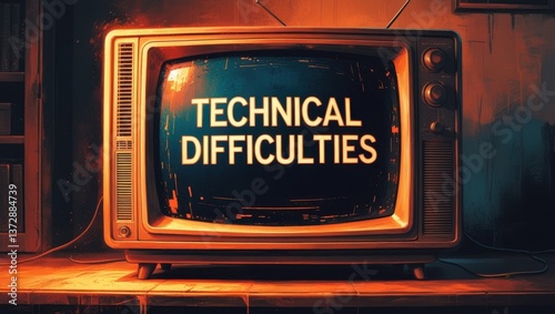 technical difficulties message on an old tv screen, orange retro futuristic dystopia 