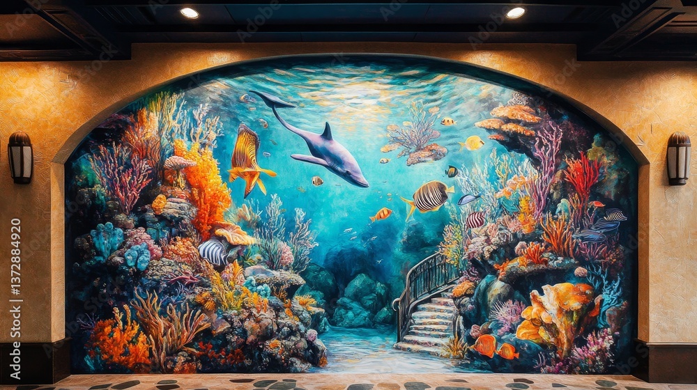 Large mural depicting an underwater scene with coral reef and Large mural depicting an underwater scene with coral reef and