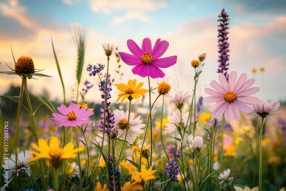 A beautiful field of wildflowers in full bloom, showcasing a variety of colorful blooms under a clear blue sky. A beautiful field of wildflowers in full bloom, showcasing a variety of colorful blooms under a clear blue sky.