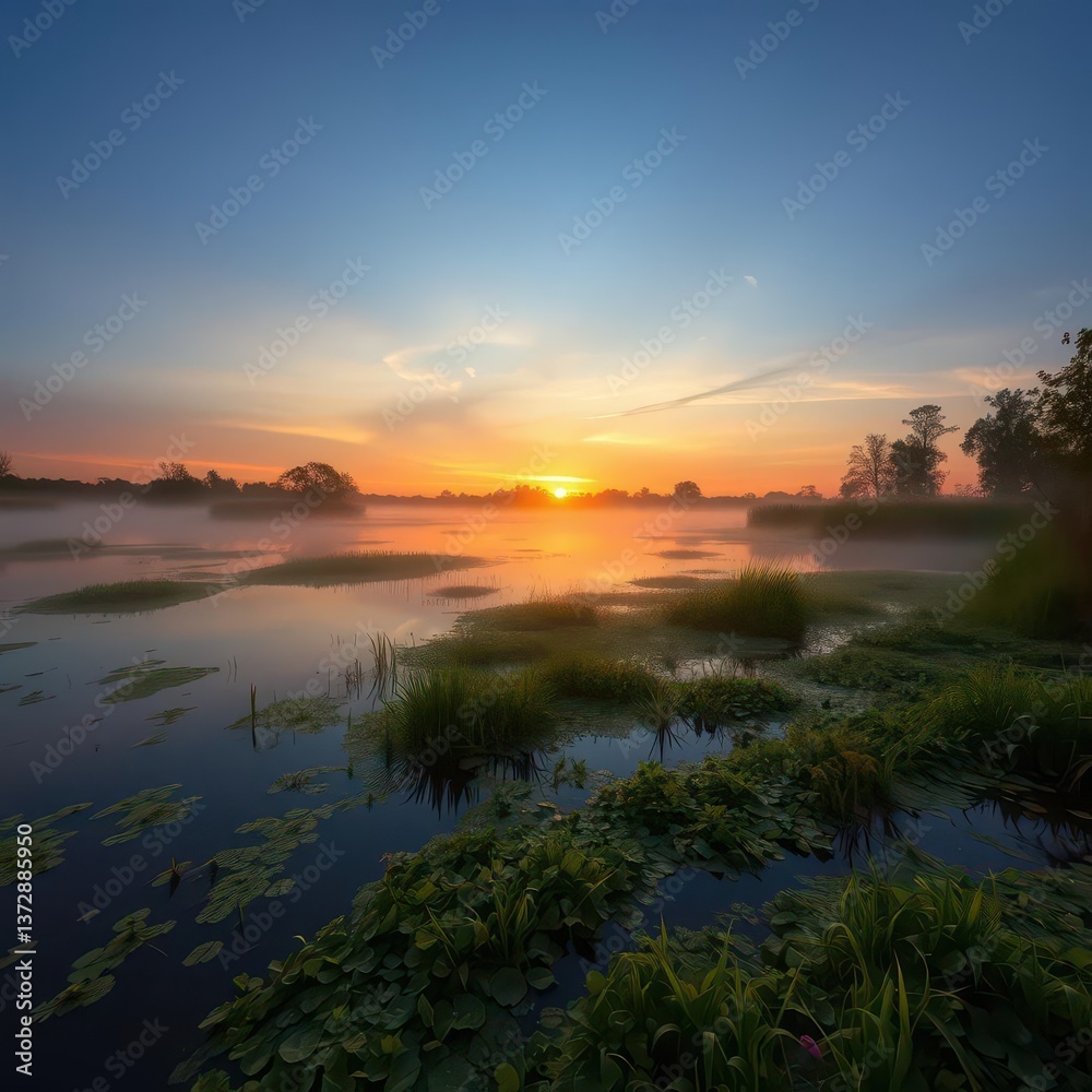 Fototapeta premium Misty spring swamp at sunset, tranquil water reflects the sky, light, photography, background