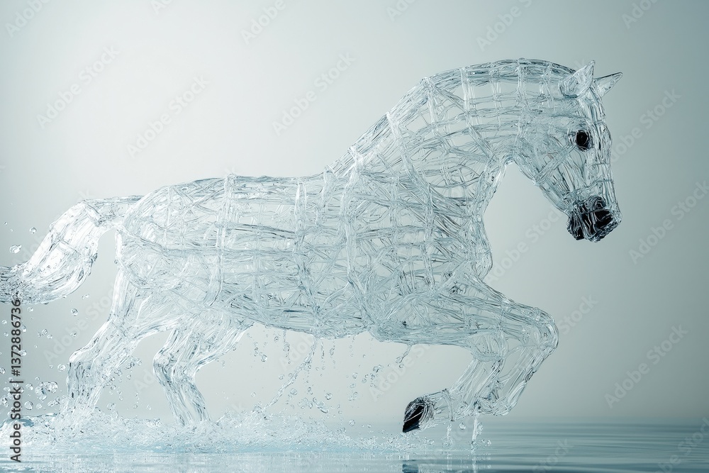 Crystal glass horse sculpture galloping through water with splashing effects