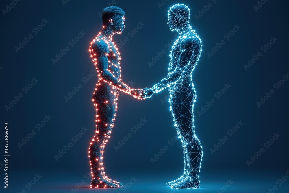Digital wireframe figures shaking hands symbolizing connection and cooperation