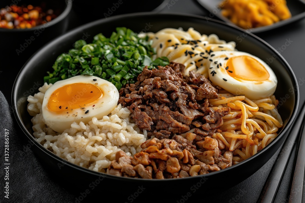 Delicious Asian cuisine served in a bowl with eggs, noodles, and vegetables