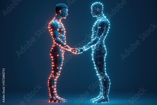 Obraz na płótnie Digital wireframe figures shaking hands symbolizing connection and cooperation w salonie