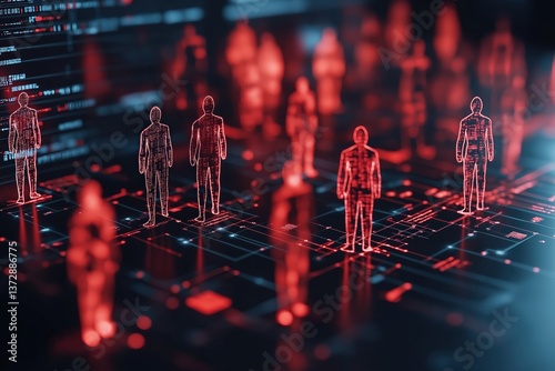 Digital visualization of holographic figures overlaid on a virtual grid interface