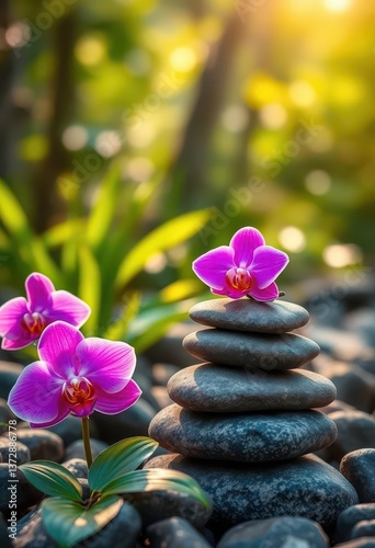 Serene stacked stones, vibrant pink orchid, tranquil nature scene, garden, summer