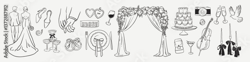 Elegant Luxury Wedding Ceremony Illustration. Hand drawn Vintage Italian or French elements of engagement ring, marriage proposal, the just married, doves. Romantic collection for invitations.