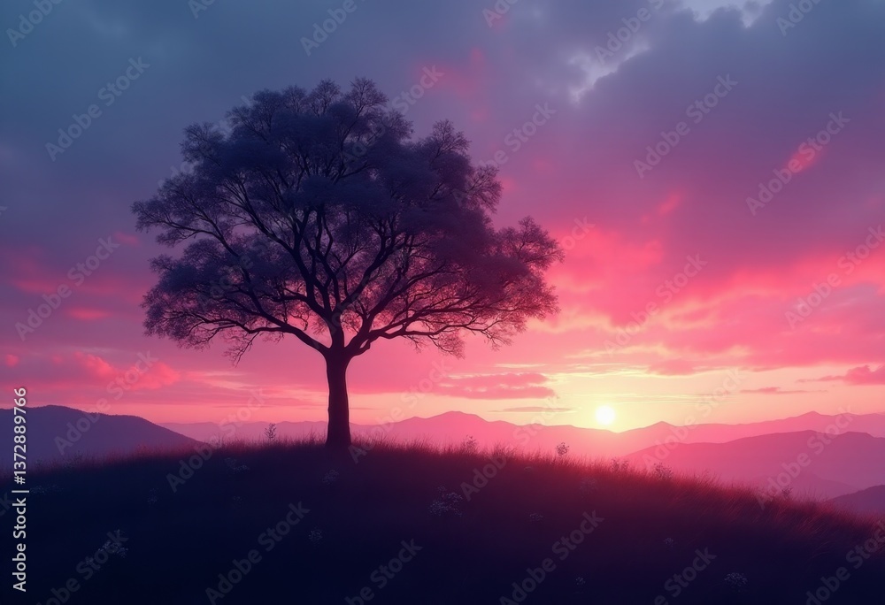 Fototapeta premium A lone tree on a hill with a sunset in the background